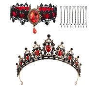 Couronnes de mariée baroques avec collier gothique, couronne de mariée, diadème de mariage, diadème en strass, décoration de cheveux de princesse brillante pour fête d'anniversaire nuptiale (rouge)