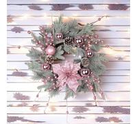 Couronnes de Noël roses pour porte d'entrée, guirlande de Noël en forme de larme, couronne d'hiver rose et blanche avec pommes de pin, nœud, boules, ornements pour porte d'entrée,décoration (50cm)