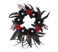 Couronnes de porte d'entrée, Couronne d'Halloween multicolore à suspendre sur une porte, décoration murale avec corbeau en bois mort et rose noire(A)
