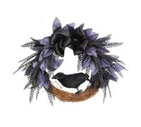 Couronnes de porte d'entrée, Couronne d'Halloween multicolore à suspendre sur une porte, décoration murale avec corbeau en bois mort et rose noire(C)