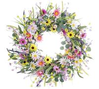 Couronnes de Printemps pour Porte d'entrée, 22 Pouces Couronne de Fleurs Sauvages artificielles, Couronne de Fleurs de Marguerite réaliste, Fausse Couronne d'été de Fleur de Soie Garland pour Le déco