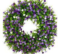 Couronnes de Printemps pour Porte D'entrée, Couronne de Fleurs Sauvages Artificielles, Couronne D'eucalyptus Colorée, Couronne de Fleurs D'été, Couronne de Porte à Ressort avec(Violets Blanc)