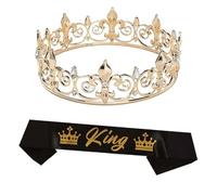 Couronnes royales et écharpes d'anniversaire pour fête d'anniversaire, couronnes et écharpes en strass pour marié, accessoires de fête, fournitures de danses, King Black Gold, Taille unique