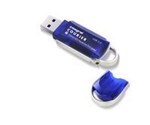 "Courrier" Clé USB, capacité 64 Go, chiffrement Hardware AES 256 BIT, couleur bleu translucide, effacement des données après 6 tentatives infructueuses d'entrée du mot de passe