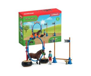 Course d'agility pour poney -Coffret de jeu avec 1 figurine de poney et 1 figurine humaine - SCHLEICH 42482 FARM WORLD