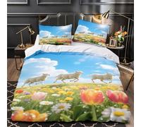 Course des agneaux de printemps Impression 3D 3 pièces housse de courtepointe Scène de champ pastoral housse de couette microfibre doux respirant pour bébés hommes femmes Super king（260x220cm）