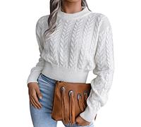 Court Femme Hiver Chic Pullover Crop Top Grosse Maille Ample Jacquard Manche Longue Large Blanc M Pull-Over Vintage Tricoté Torsade Personnalisable Femme Chaud