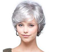 Court Gris blanc Frisé Perruque Naturel Ondulé Duveteux Mèche Cheveux pour Vieux Milieu Âge Femmes et grand-mère