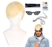 Courte Perruque pour Homme,Postiche Naturelle Moelleuse,Blonde Couche Vague Perruques avec Bandeaux,Collier et Lunettes,Disco Perruque Punk Rock Carnaval Cosplay Pérruqu Costume de Fête Quotidien