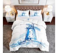 Courtepointe Réversible Classique Ferme Moulin à vent Bleu Rayures 240x220 cm, Minimalisme Édredon Luxe Hypoallergénique Parure de Lit - Blanc Couette Garçon Adolescent Adulte avec Taies d'oreiller