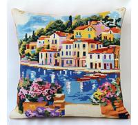 Coussin À Broder Artisanal Paysage D'Un Village De Pêcheurs En Bord De Mer Coussin Brodé Avec Fil Et Aiguille À Broder Décoration Point De Croix Complet Broderie Pré-Imprimé Diy Pour Adu 45x45cm