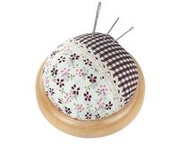 Coussin à épingles floral vintage avec assiette en bois clair (Ø 7 cm), à carreaux et à fleurs, en marron foncé