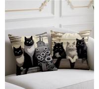 Coussin Automne Chat Housse Coussin 55x55cm Lot de 2 Oreiller Noir Et Blanc Coussins de Jardin Double Impression Dite Taie Oreiller Lin pour Automne Balcon Jardin Banc Canapé Décoratifs,Cadeaux wj-631