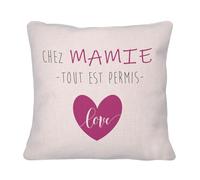 Coussin avec sa Housse en Lin - chez Mamie Tout Est Permis Love Humour Grand Mere - 40 x 40 cm
