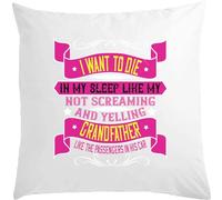 Coussin blanc avec inscription « I want to die in my sleep like my grandfather not like passengers in his car » - 40 x 40 cm - Avec rembourrage blanc