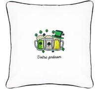 Coussin brodé Saint-Patrick 40x40 cm Blanc Chopes de bière irlandaise et trèfles Série limitée