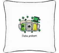 Coussin brodé Saint-Patrick 45x45 cm Blanc Chopes de bière irlandaise et trèfles Série limitée