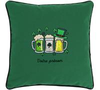 Coussin brodé Saint-Patrick 45x45 cm Vert Chopes de bière irlandaise et trèfles Série limitée