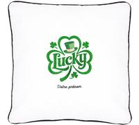 Coussin brodé Saint-Patrick 50x50 cm Blanc Lucky et trèfle porte-bonheur Série limitée