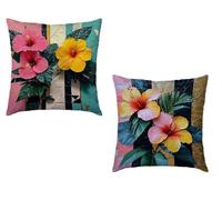 Coussin Canape 50x50cm Lot de 2 Taie Oreiller Couleur Imperméable Cushion Fleur Impression Recto Verso Decoratif Velours Coussincarré avec Fermeture éclair Invisible pour Décoration Printemps H-2172Y