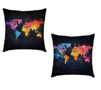 Coussin Canape 60x60cm Lot de 2 Taie Oreiller Couleur Imperméable Cushion Carte du Monde Impression Recto Verso Decoratif Velours Coussincarré Fermeture éclair Invisible Décoration Printemps Y-335X4