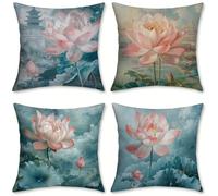Coussin Canape L'étang Coussin Exterieur Lot de 4 Taie Oreiller, Coussins Décoratifs La Fleur de Lotus Coussins Canapé Velours Housse Oreiller Impermeable, Deco Jardin, Deco Printemps, 70x70cm, o-67