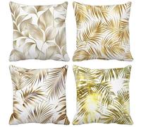 Coussin Canape Moderne et simple Housse de Coussin 75x75 Feuille Motif Design, Lot de 4 Exterieur Impermeable Lin Matériau Cushion Covers pour Printemps Eté Jardin Banc Decoration Salon Cadeau t10-K