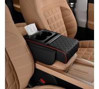 Coussin d'accoudoir de Voiture Multifonction - Repose-Bras de Console Centrale avec 2 Porte-gobelets et Poches latérales - Accessoire intérieur en Cuir PU et Mousse mémoire (B-Noir-Rouge)