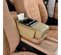 Coussin d'accoudoir de Voiture Multifonction - Repose-Bras de Console Centrale avec 2 Porte-gobelets et Poches latérales - Accessoire intérieur en Cuir PU et Mousse mémoire (D-Beige)