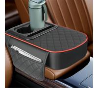 Coussin D'accoudoir Voiture Avec 2 Porte-gobelets, Poche Latérale, Coussin Console Automatique Hauteur, Housse PU, Coussinets Rehaussement(Black)