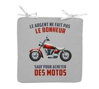 Coussin de Chaise Carré Gris - Moto - l'argent ne Fait Pas Le Bonheur Bécane Voyage - 40 x 40 cm - Galette de Chaise