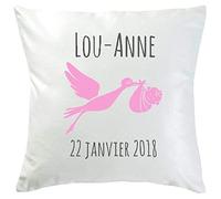 Coussin de naissance personnalisé fille motif cigogne