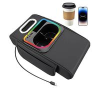 Coussin de Rangement pour Accoudoir Auto - Rehausseur De Porte-Gobelet avec Tapis,Organisateur d'Accoudoir avec Poche Latérale, Lumière d'Ambiance, Port USB,pour Intérieur Véhicule À
