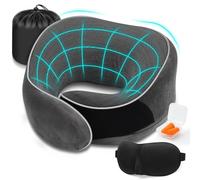 Coussin de Voyage Ergonomique en Mousse à Mémoire - Oreiller de Support Cervical avec Soutien Latéral et Kit Sommeil - Oreiller de Voyage Réglable et Compact - Idéal Vols Longs,Télétravail (Gris)