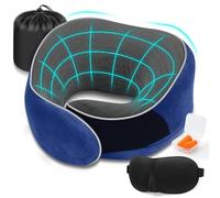 Coussin de Voyage Ergonomique en Mousse à Mémoire - Oreiller de Support Cervical avec Soutien Latéral et Kit Sommeil - Oreiller de Voyage Réglable et Compact - Idéal Vols Longs,Télétravail (Bleu)