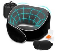 Coussin de Voyage Ergonomique en Mousse à Mémoire - Oreiller de Support Cervical avec Soutien Latéral et Kit Sommeil - Oreiller de Voyage Réglable et Compact - Idéal Vols Longs,Télétravail (Noir)