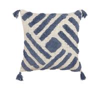 Coussin Décoratif en Coton Motif Géométrique et Pompons Beige et Bleu 45x45 cm J