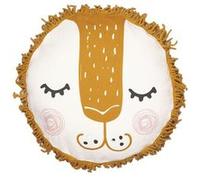 THEO - Coussin Déhoussable Ø40cm Coton Motif Lion avec Franges de Macramé -