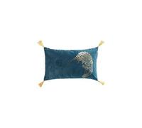 Coussin déhoussable en velours avec pompons et imprimé jaguar metallisé Baguera - Bleu - 30 x 50 cm