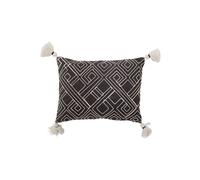 Coussin en coton marron, rectangulaire, brodé, à motifs, avec pompons blancs - Bloomingville, Bali - 40x30x1 cm