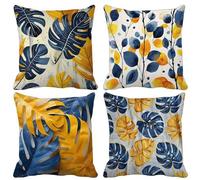 Coussin Exterieur Feuille Housse de Coussin 80x80 Lot de 4, Imperméable Taies d'Oreillers Jaune Taie Oreiller Double Face Impression avec Fermeture Éclair Invisible pour Jardin Balcon -lsy2504DV