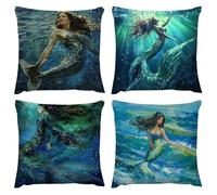 Coussin Exterieur Impermeable 55 x 55cm, Housse de Canapé Decoration Maison, La sirène bleue Coussin Chambre, Lot de 4 Taie d'Oreiller 22 x 22 in, pour Patio Jardin Housse Coussin, Douce Lavable D-355