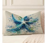 Coussin Exterieur Impermeable Bleu, Étoile de mer Taie d'oreiller en Lin Résistant avec Fermeture Éclair Invisible, Décoration Moderne pour Salon de Jardin, Balcon, Canapé et Chambre, 25x45 cm, A*55