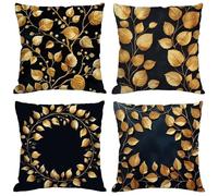 Coussin Exterieur Impermeable Noir Housse Coussin 60x60 cm Velours Double Face Imprimé Taie Oreiller de Canapé pour Salon Intérieur/extérieur Maison Decoratif Salon de Jardin Cadeaux Feuilles M1014