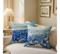 Coussin Exterieur Papillon Housse de Coussin Bleu Taie Oreiller 65x65, Coussins Canapé Carré, Décoratives Coton Lin Taie Oreiller pour Lit Chaise Jardin Decoration Salon (Double Face à Motif) Z1-618