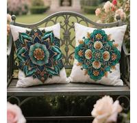 Coussin Extérieure Imperméable 65x65cm Grand Housse de Coussin Salon de Jardin Exterieur Taie Oreiller Lot de 2 Lin Turquoise Taies D'oreiller Decoratif pour Maison Balcon Terrasse,Ethnique yw-953