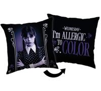 Coussin Mercredi 40 x 40 cm - Oreiller carré violet réversible | Citation « I'm Allergic to Color » | Cadeau pour fan de la série Netflix | Coussin gothique pour chambre à coucher Mercredi Addams