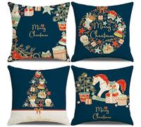 Coussin Noel Decoration Canapé Lot de 4 60 X 60 CM Cadeau de Noël Bleu Deco Housse Decoratifs pour Canapes Interieur Christmas Decoratif Taie d'oreiller Maison Housse Coussin Cadeaux 4 Pièces Doux