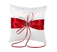 Coussin Oreiller avec Décoration de Strass Nœud Papillon Double Coeur Ruban Coussin Alliances Mariage Oreiller pour Anneau de Mariage Décoratif Romantique Cérémonie de Mariage 20x20cm(rouge)