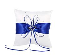 Coussin Oreiller avec Décoration de Strass Nœud Papillon Double Coeur Ruban Oreiller pour Anneau de Mariage Décoratif Romantique Cérémonie de Mariage 20 x 20cm (bleu)